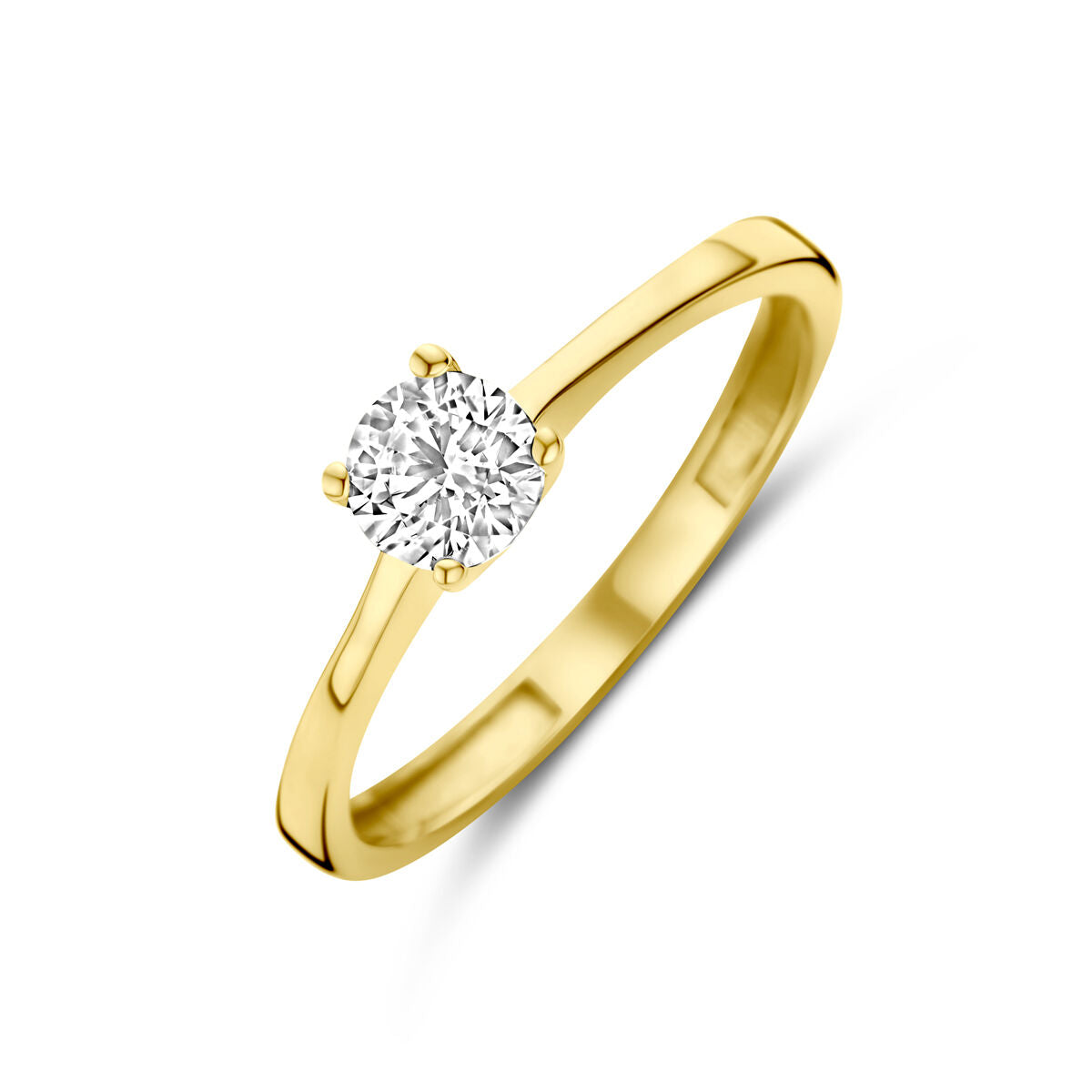 Ring van 14K geelgoud met een ronde zirkonia in een vierpootzetting.