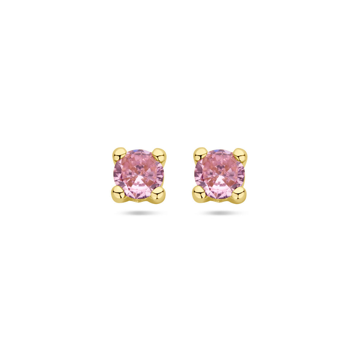 Orecchini in oro giallo 14K con zirconi rosa, forma rotonda.