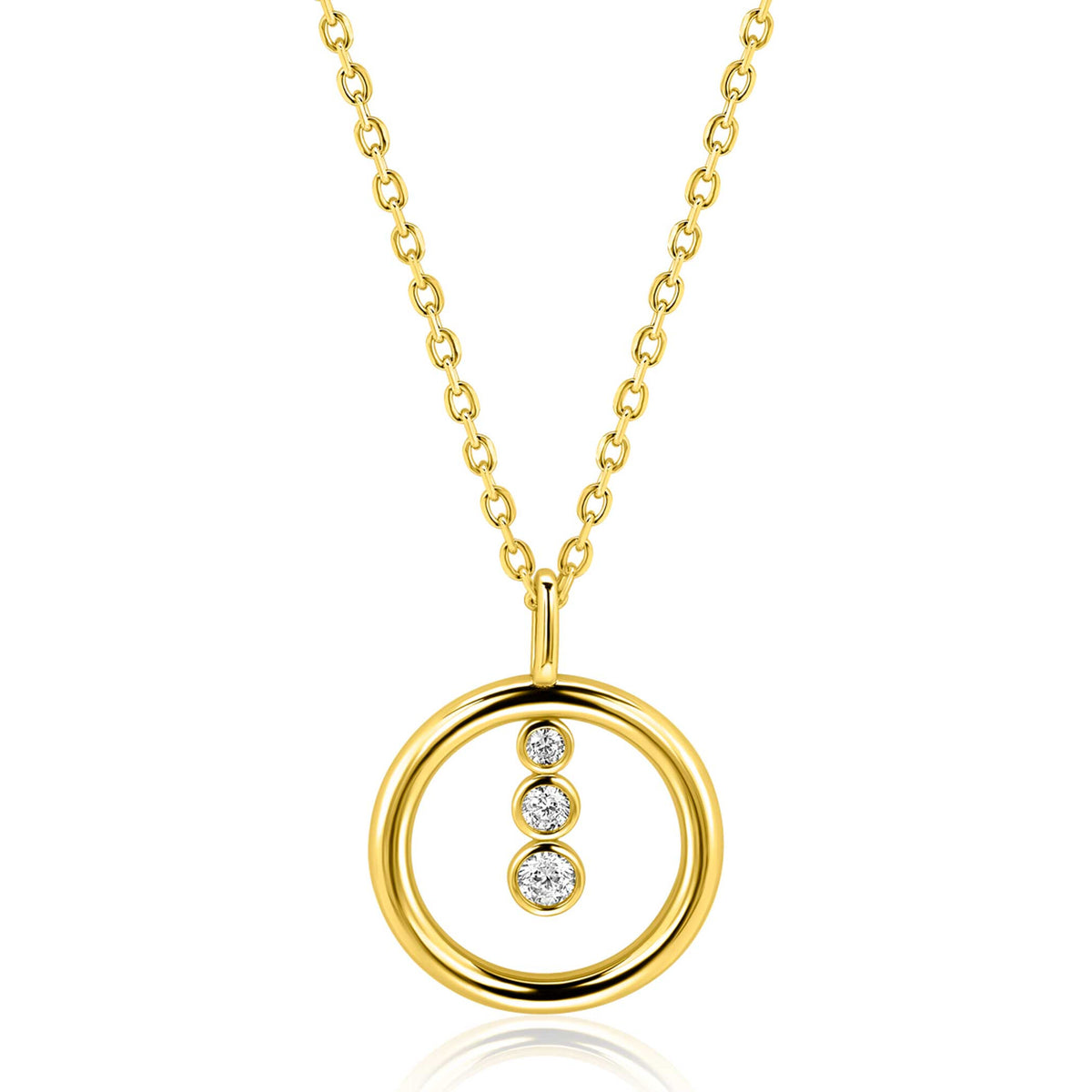 Gouden ketting van 45 cm met ronde hanger van 18 mm en drie kleine steentjes.