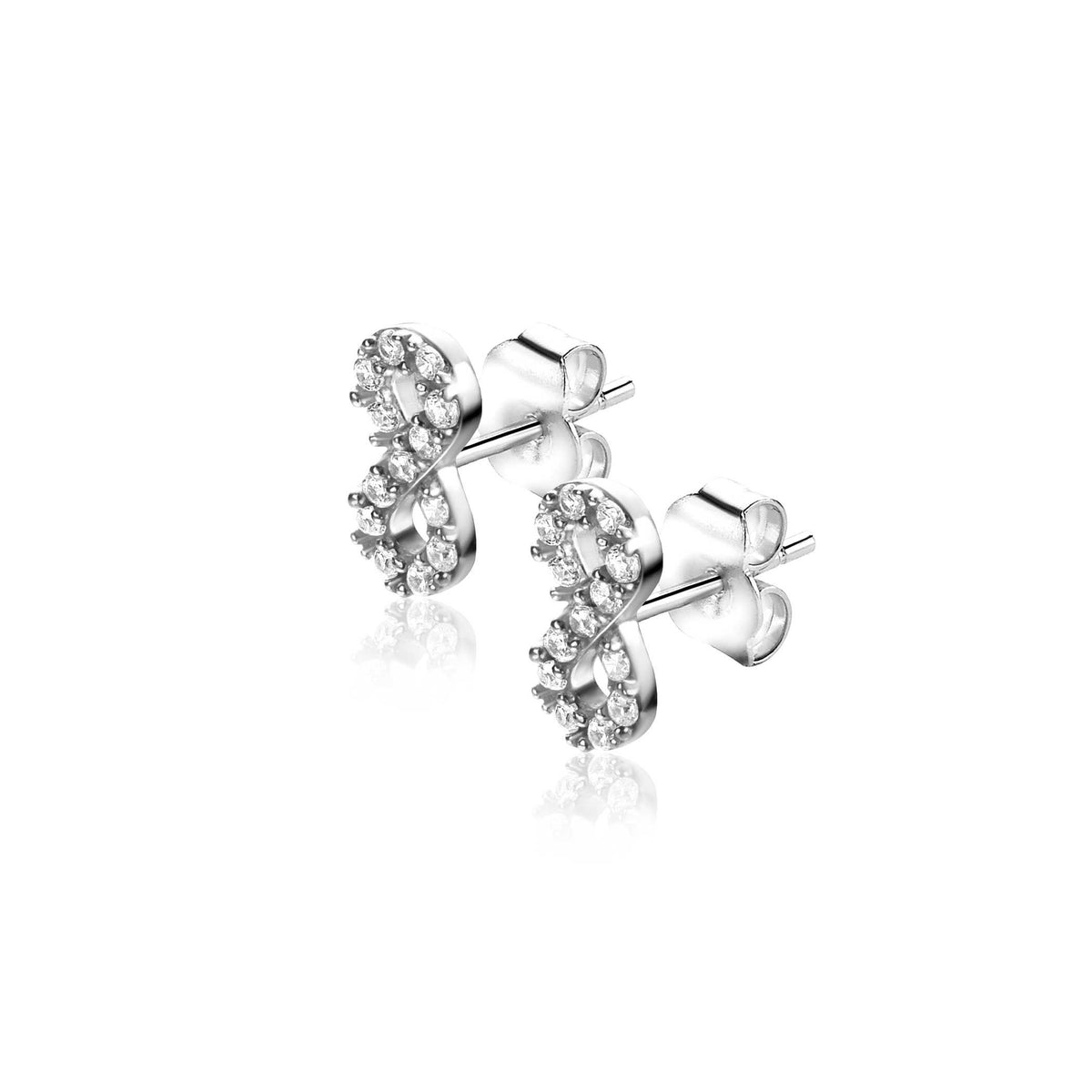 Orecchini in argento con design a forma di fiocco, decorati con zirconi.