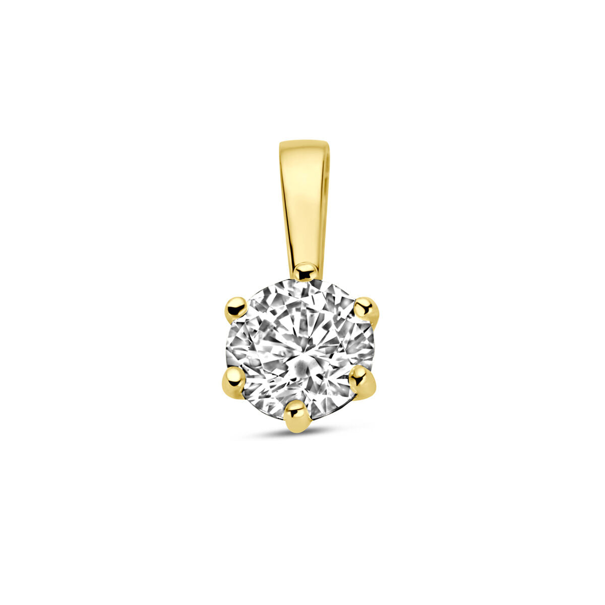 Ciondolo in oro giallo 14K con zircone, forma rotonda e montatura a sei griffe.