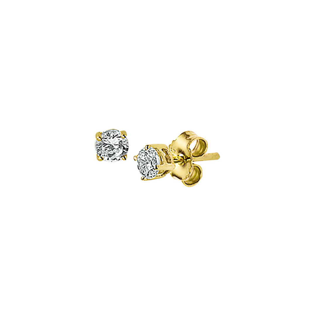 Orecchini in oro giallo 14K con zirconi, forma rotonda e chiusura a perno.