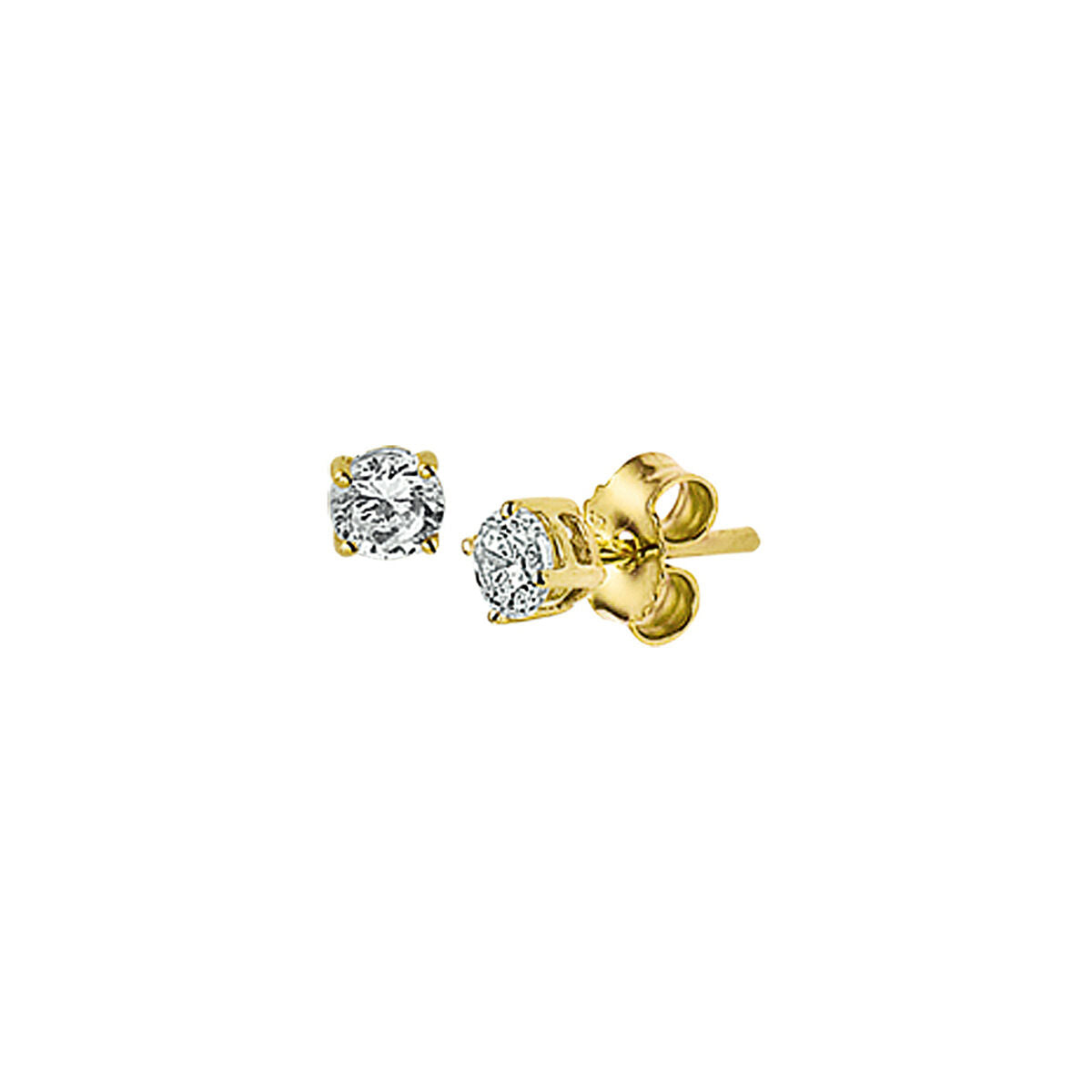Orecchini in oro giallo 14K con zirconi, forma rotonda e chiusura a perno.