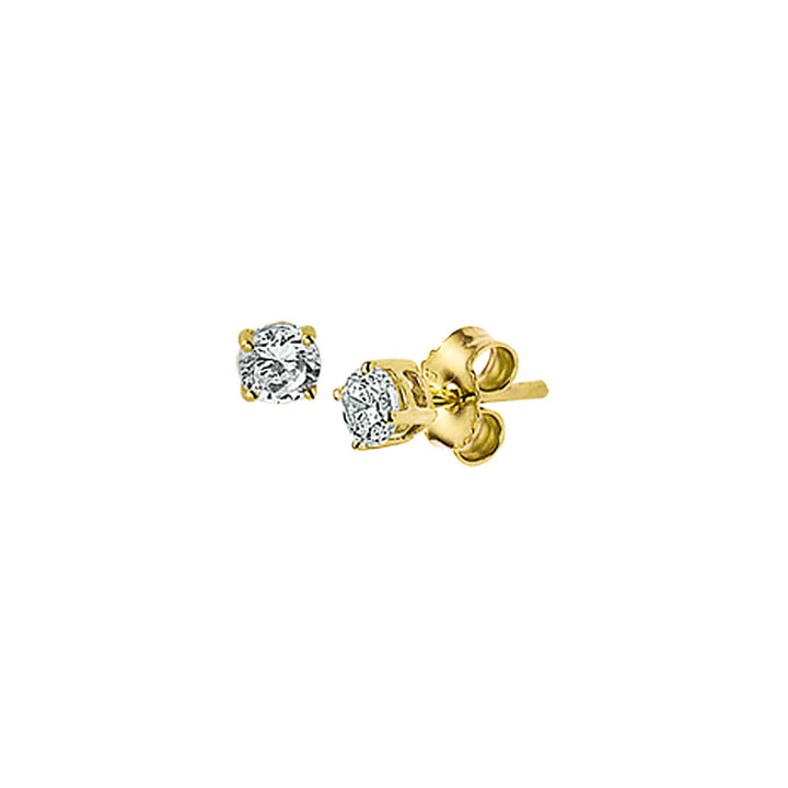 Orecchini in oro giallo 14K con zirconi, forma rotonda e chiusura a perno.