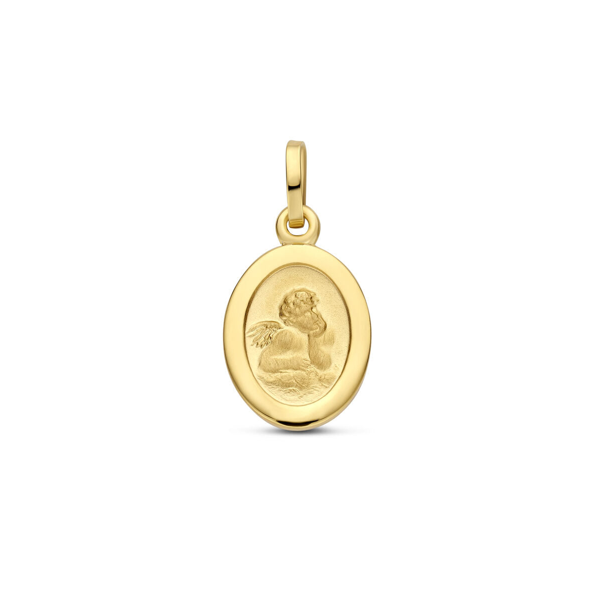 Ciondolo ovale in oro giallo 14K con finitura opaca, raffigurante un angelo.