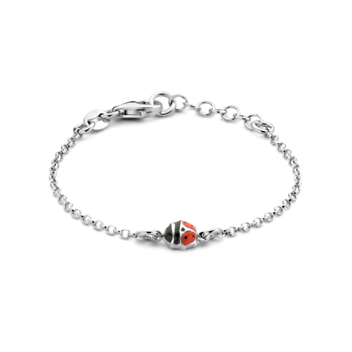 Bracciale in argento rodiato con ciondolo a forma di coccinella, lunghezza 11 + 2 cm.