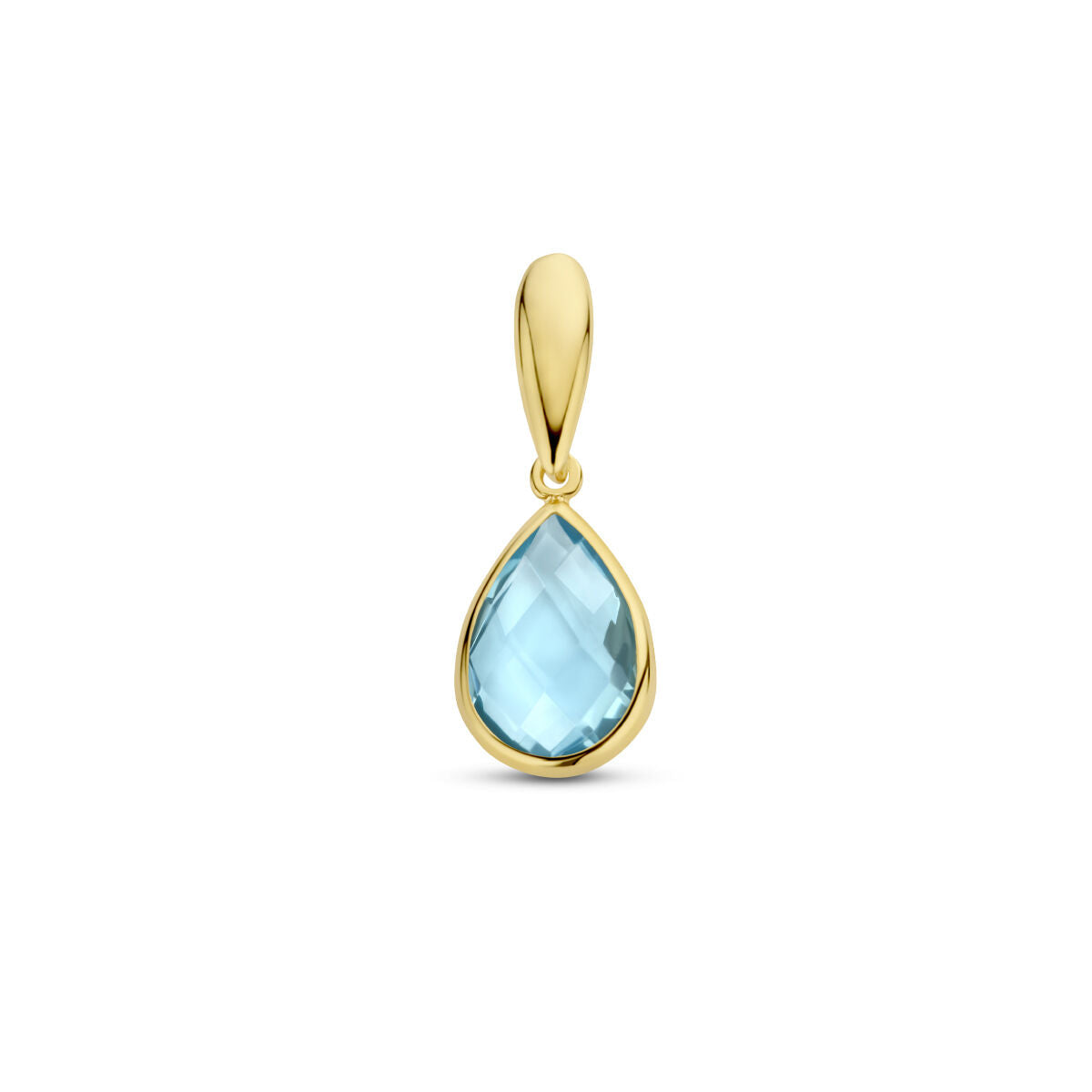 Ciondolo in oro giallo 14K con topazio blu a forma di goccia.