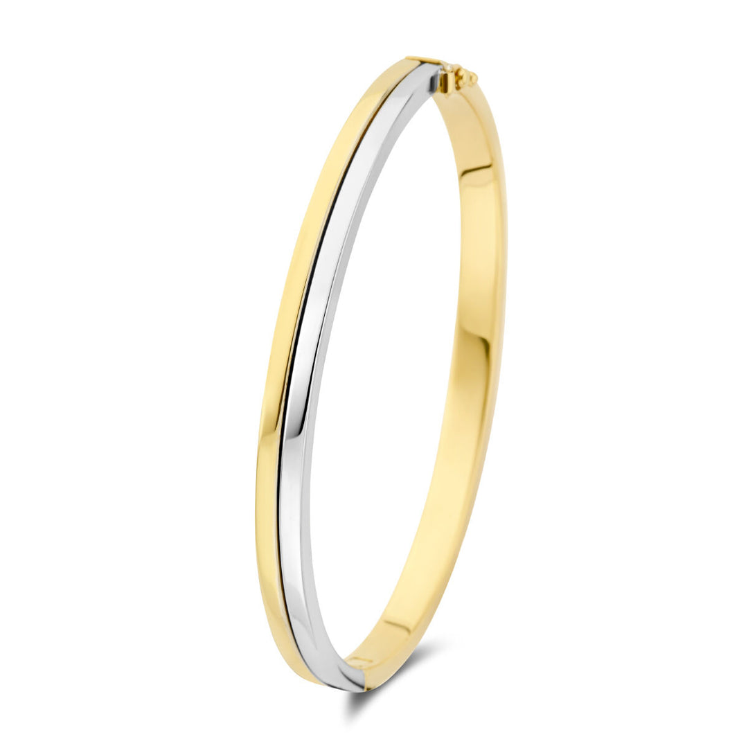 bangle scharnier vlakke buis 5 mm 14K bicolor goud geel/wit 56mm