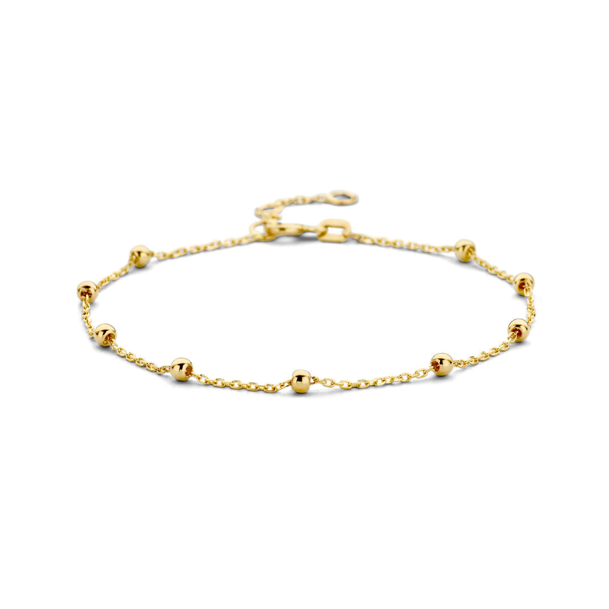Bracciale in oro giallo 14K con palline di 2,5 mm, lunghezza regolabile da 16 a 19 cm.