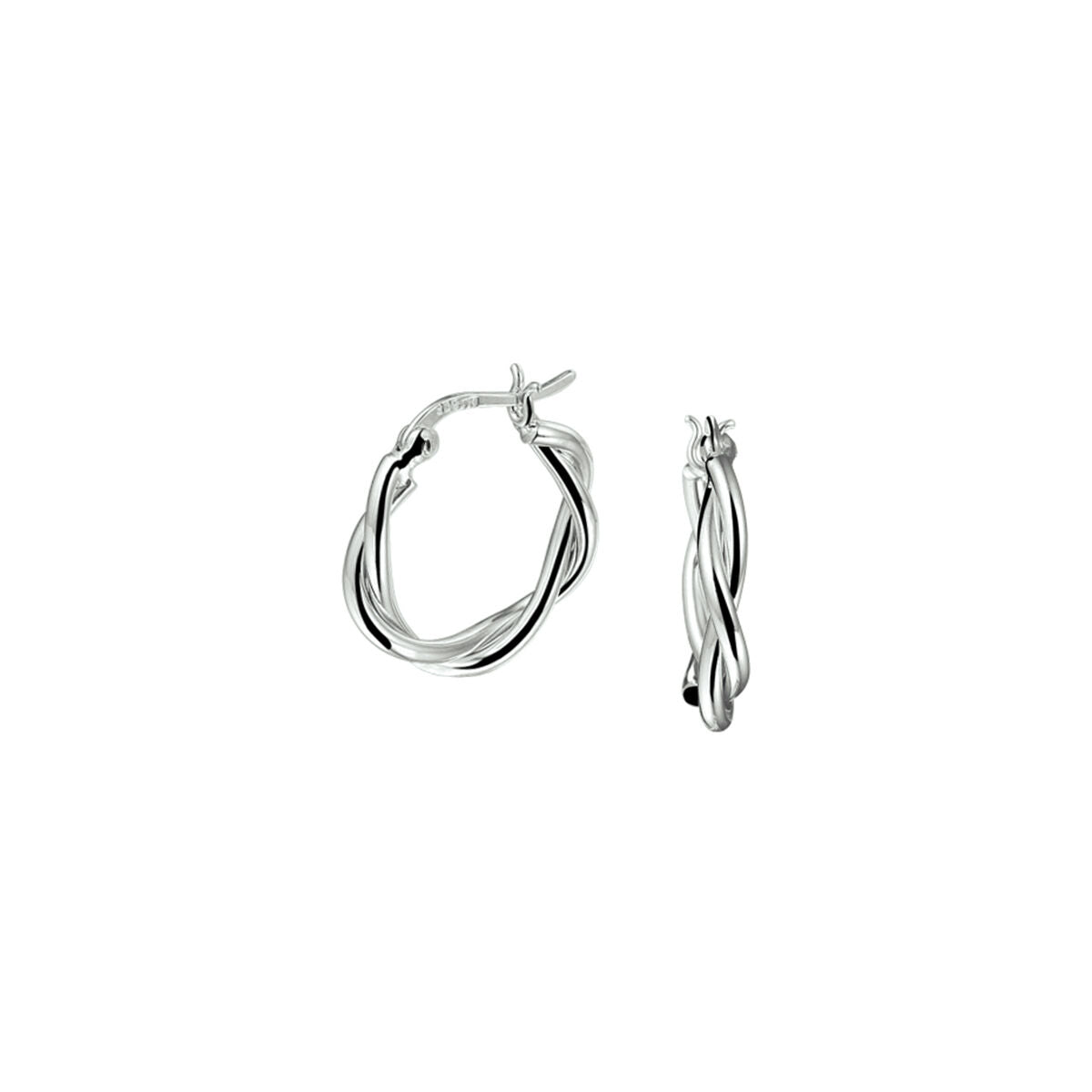Orecchini alla creola in argento rodiato con design a tubo intrecciato.