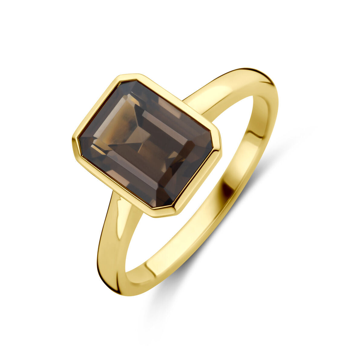 Anello in oro giallo 14K con pietra di quarzo fumé rettangolare.