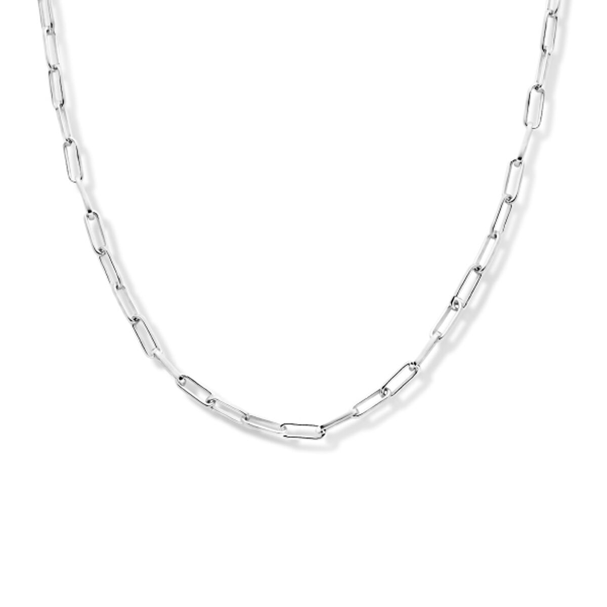 Collana da donna in argento, con maglie a forma di clip di carta e tubi quadrati, rodiata.
