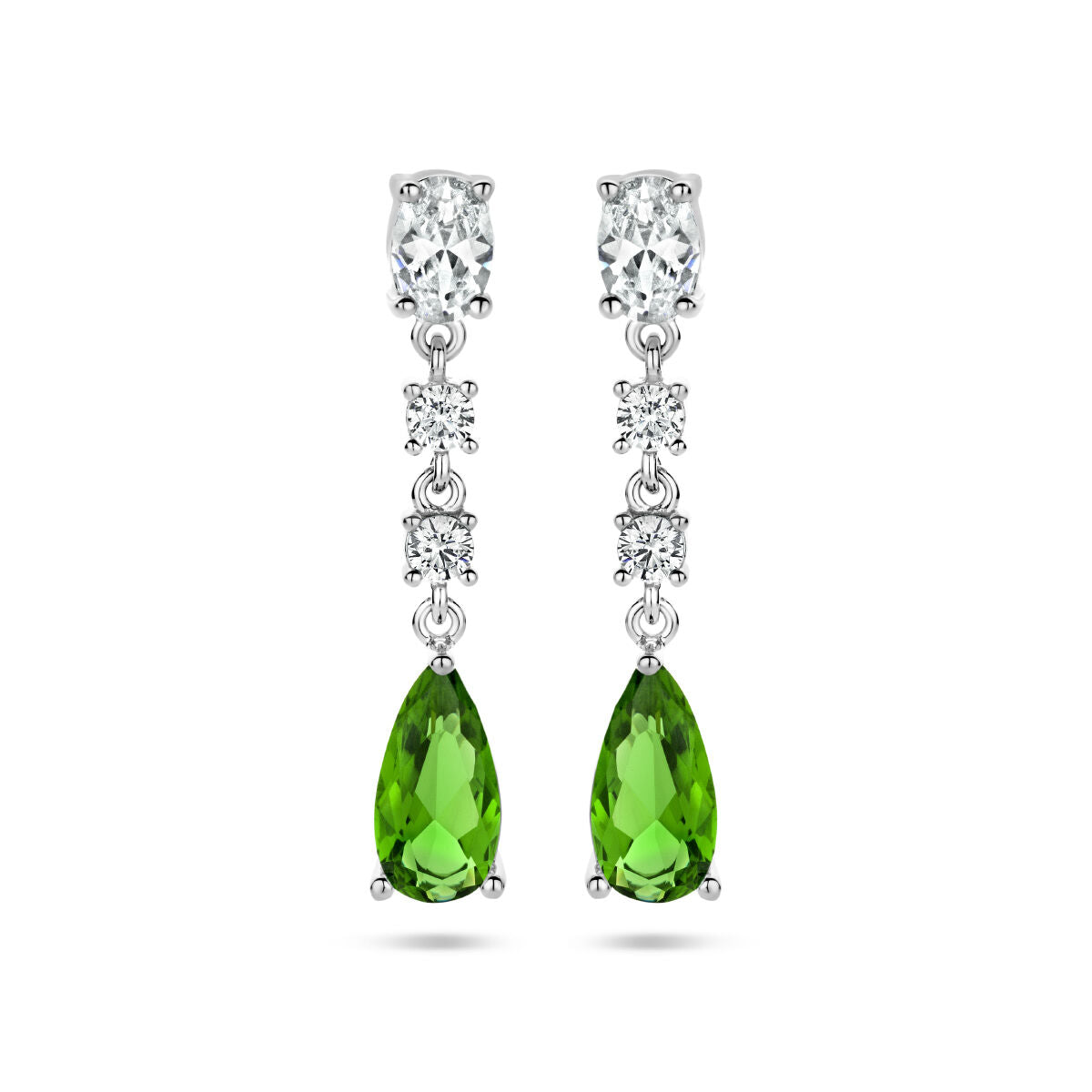 Orecchini pendenti in argento rodiato con zirconi bianchi e verdi a forma di goccia.