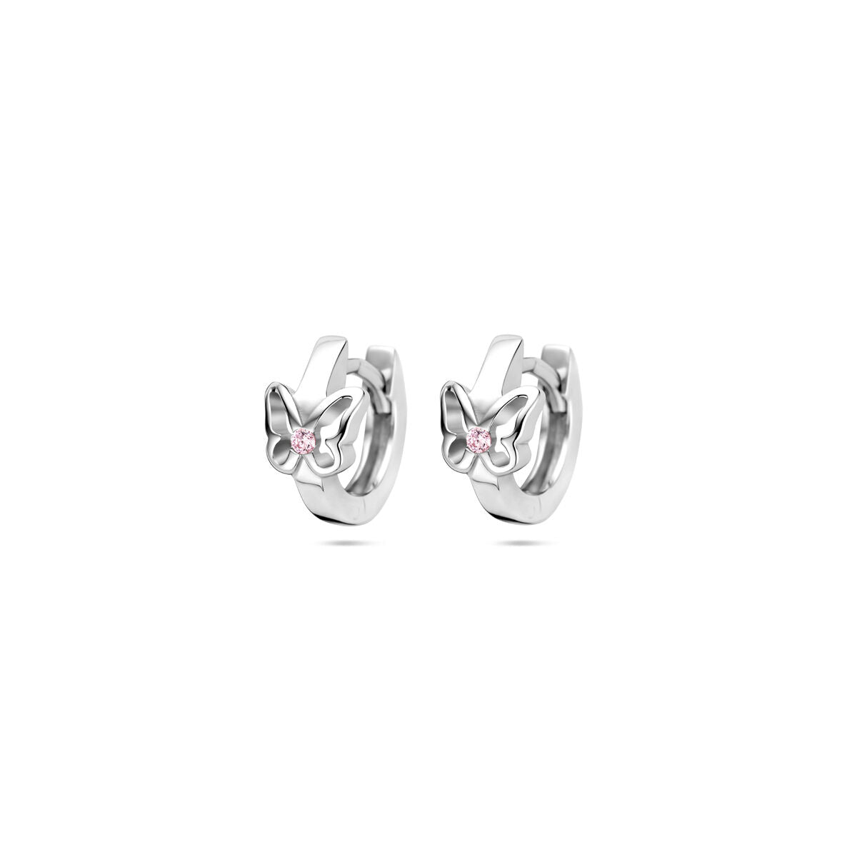 Orecchini alla creola in argento rodiato con farfalla e pietre rosa.