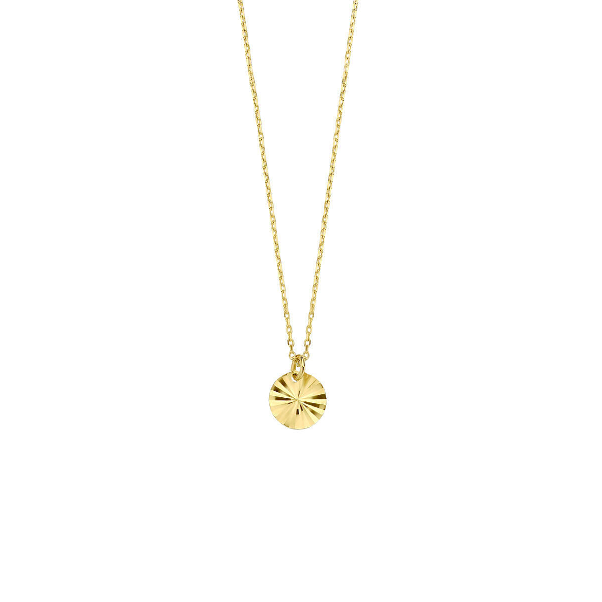 Collana in oro giallo 14K con pendente rotondo e catena sottile.