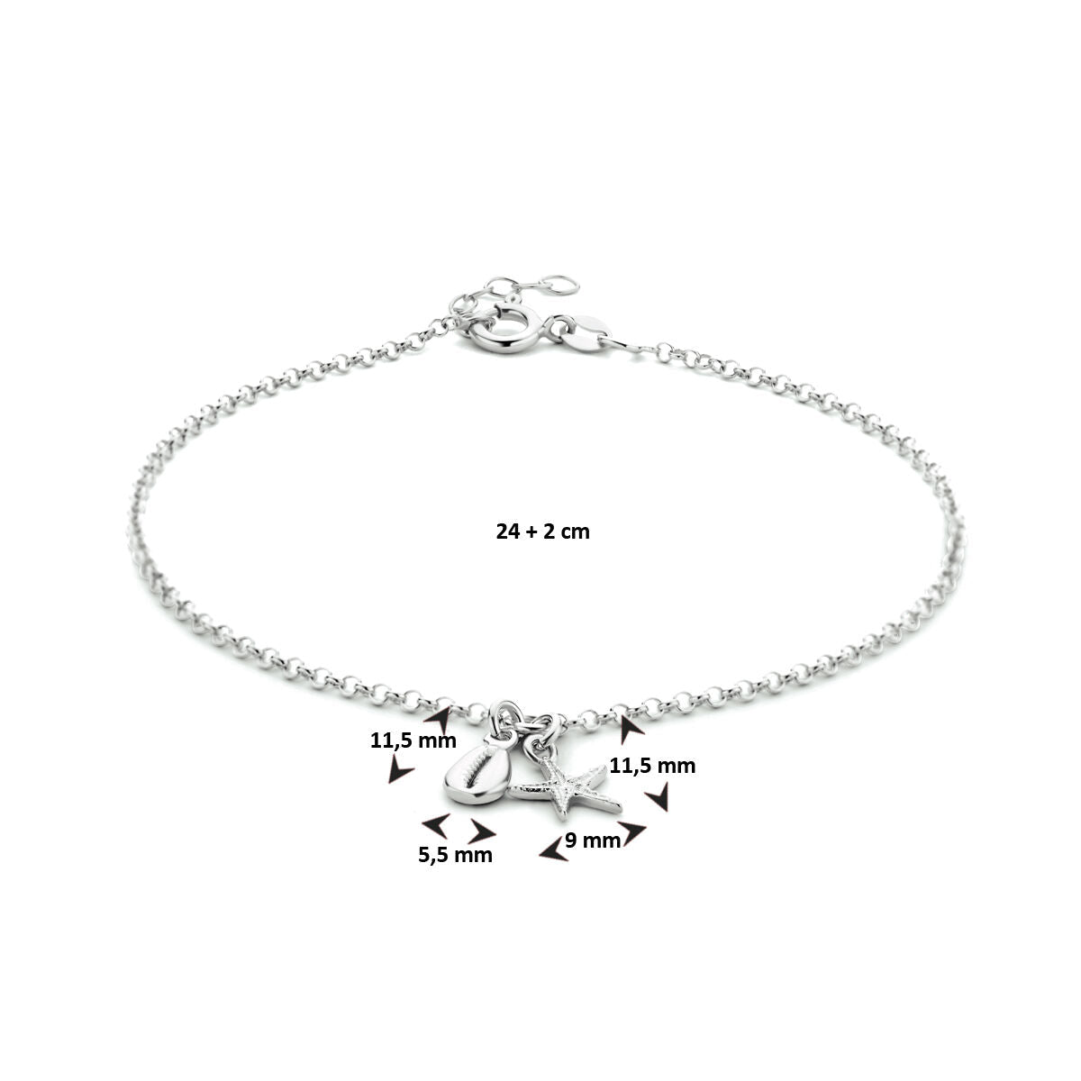cavigliera conchiglia e stella marina 24 + 2 cm argento rodiato