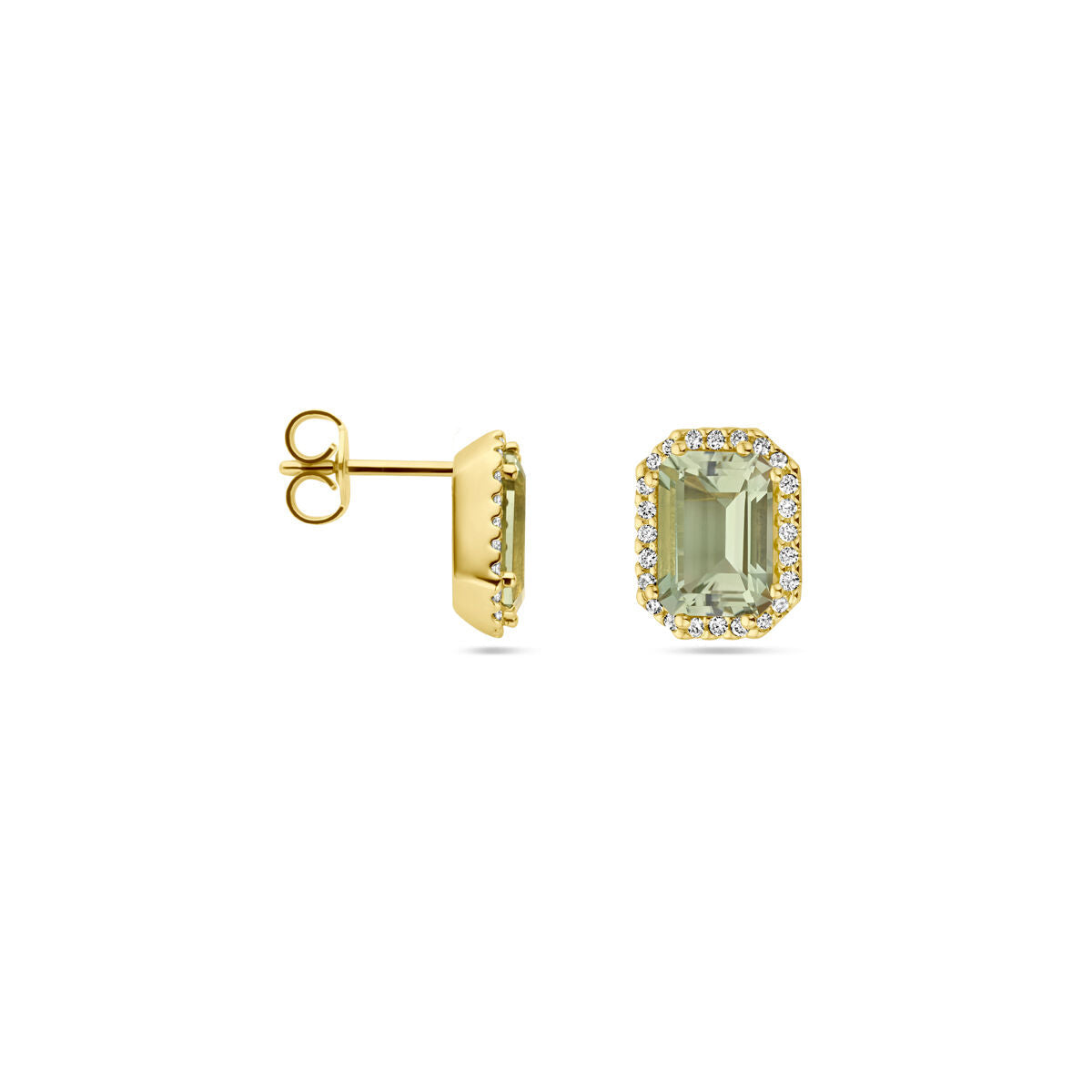 orecchini a bottone ametista verde e diamante 0.14ct (2x 0.07ct) h si halo 18K oro giallo