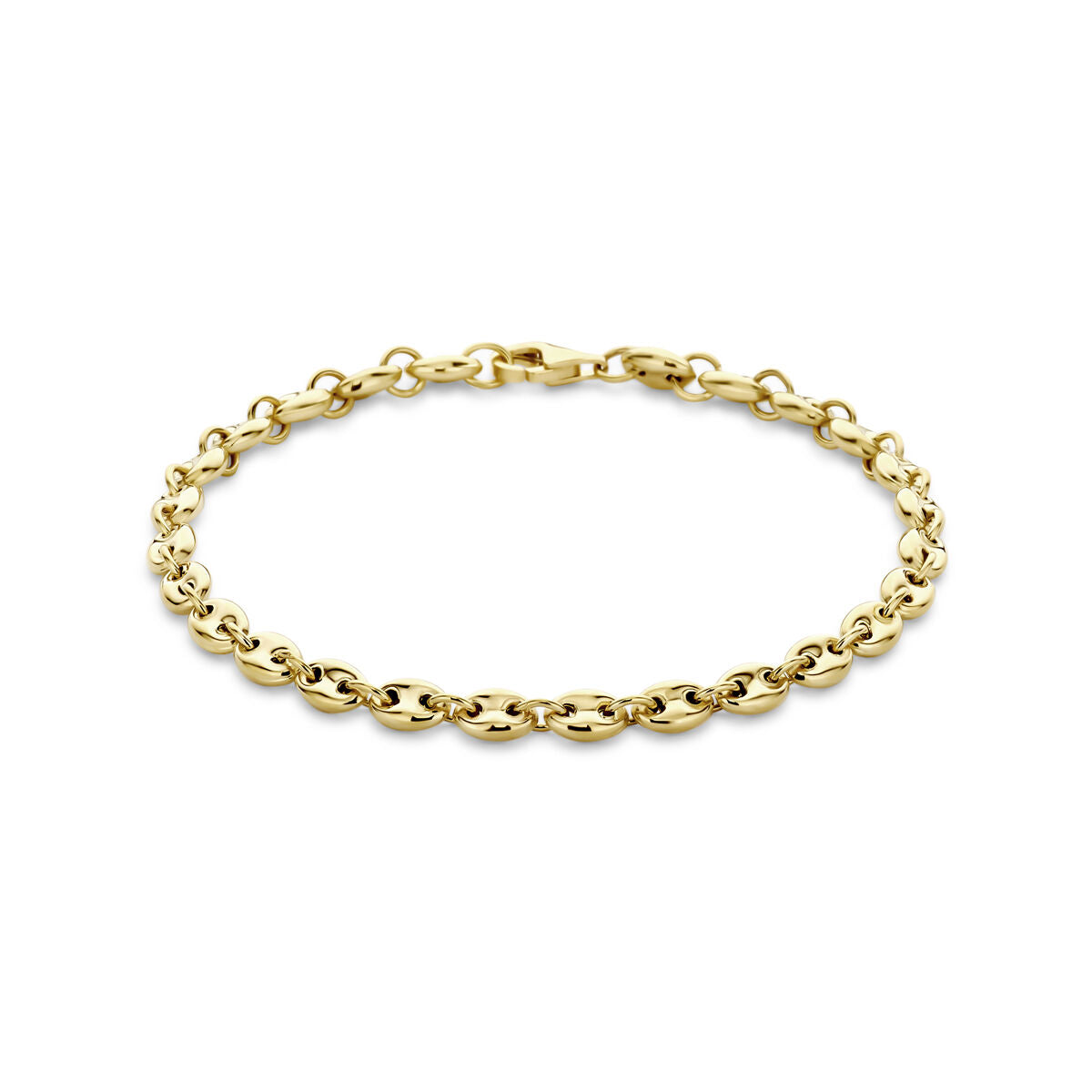 Bracciale in oro giallo 14K con maglie a forma di chicco di caffè, lunghezza 18 cm.