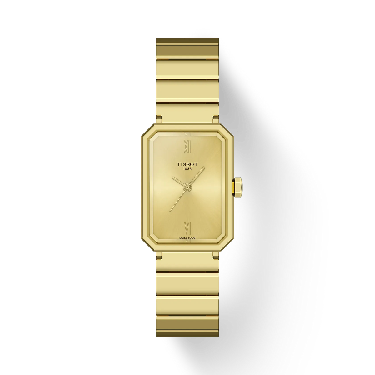 Orologio da donna Tissot SRV 30mm con cassa e cinturino dorati, quadrante rettangolare.