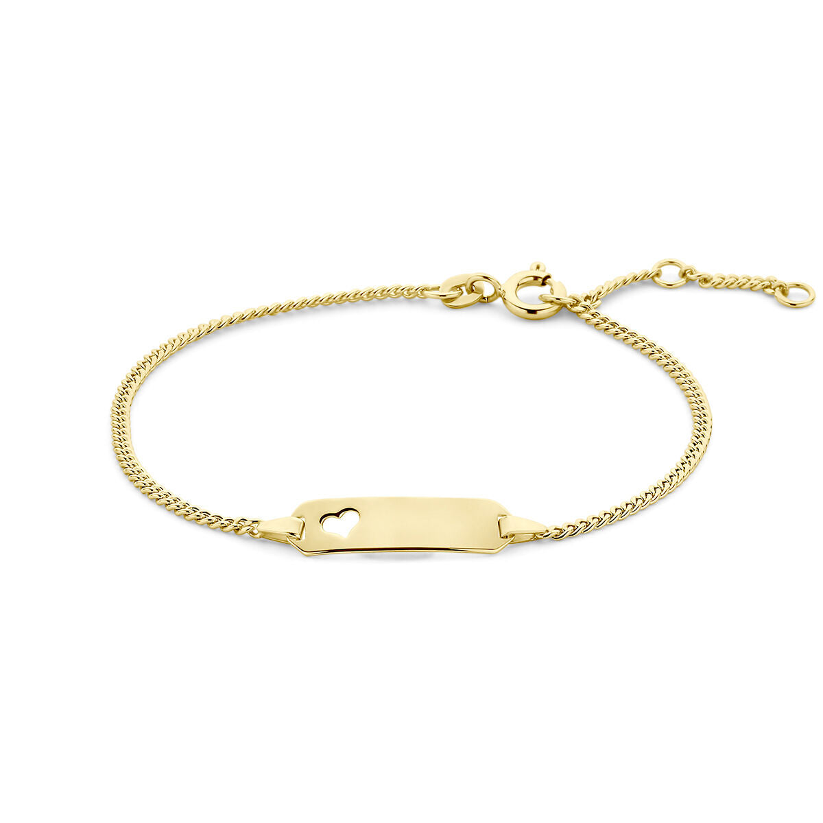 Bracciale in oro giallo 14K con placca rettangolare e cuore intagliato, maglia rolò.