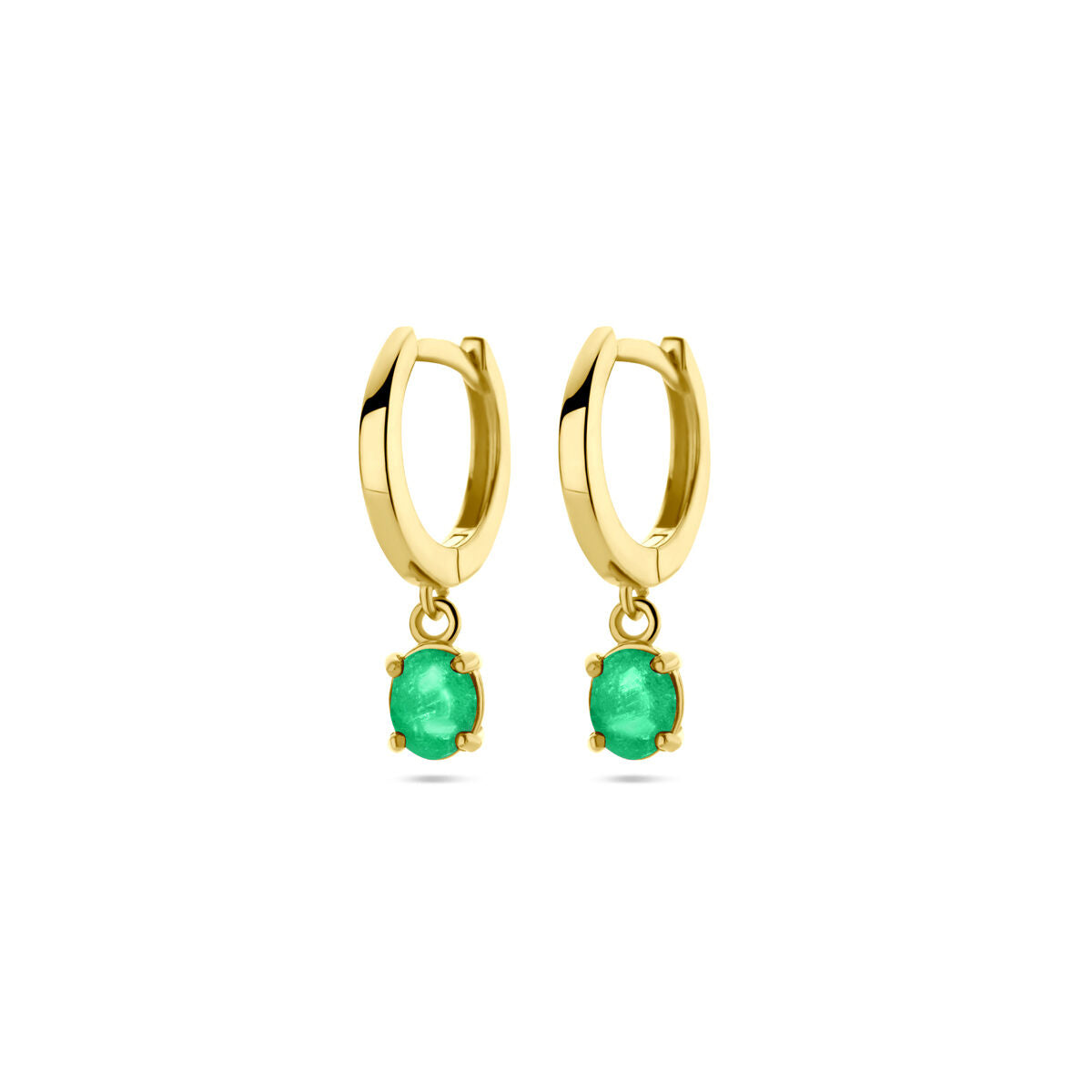 Orecchini alla creola in oro giallo 14K con pendente di smeraldo, diametro 19 mm.