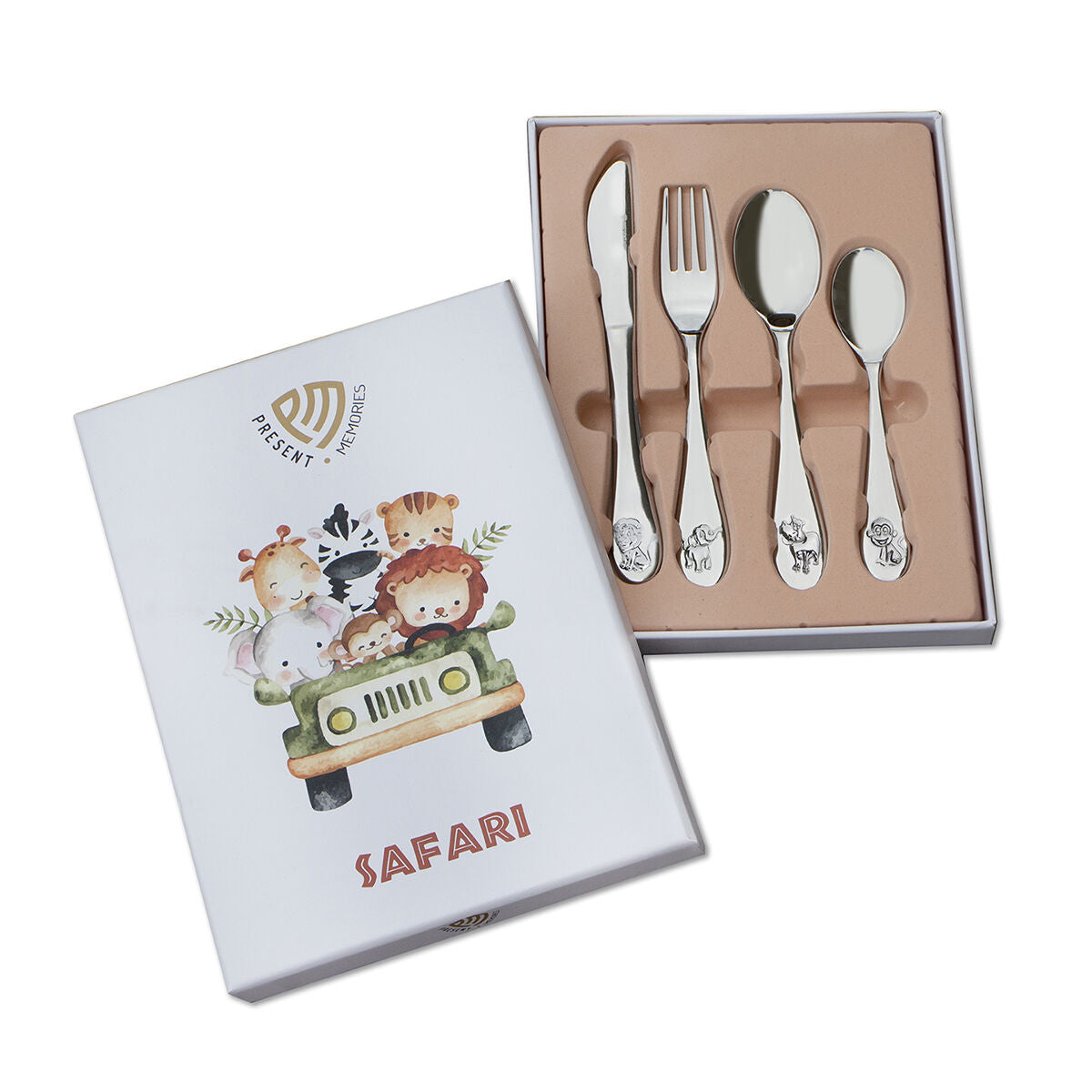 Set di posate per bambini in acciaio inox con decorazioni safari, composta da coltello, forchetta, cucchiaio, cucchiaino e forchettina.