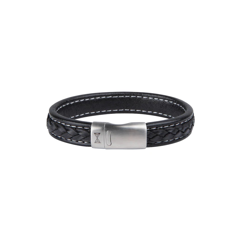 Bracciale in pelle intrecciata nera con chiusura in acciaio inox lucido.