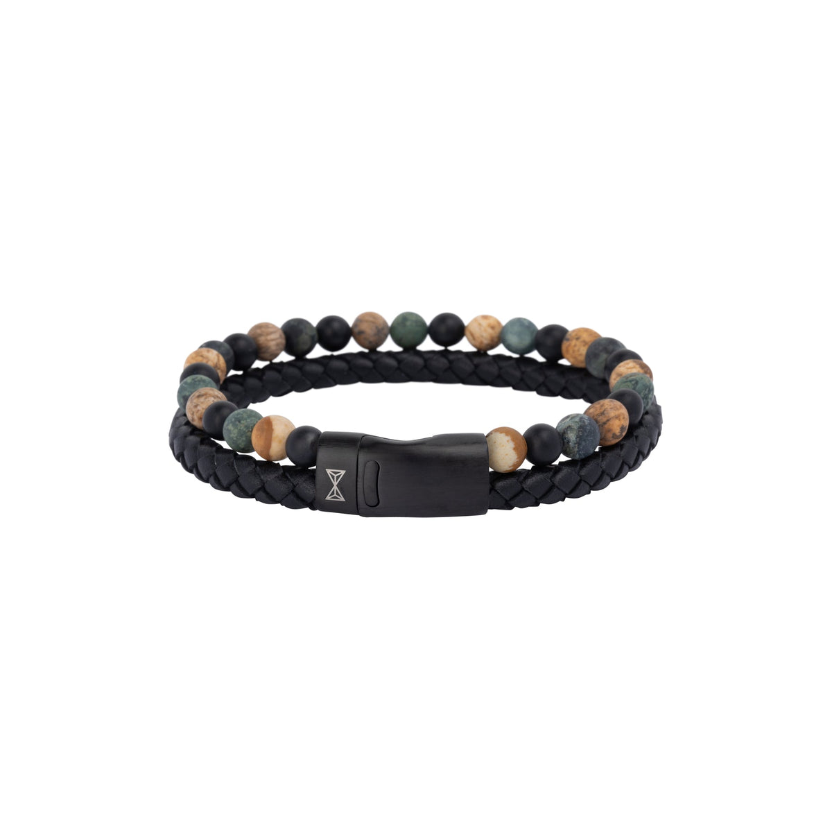 Bracciale in pelle intrecciata nera con perle multicolori e chiusura in metallo.
