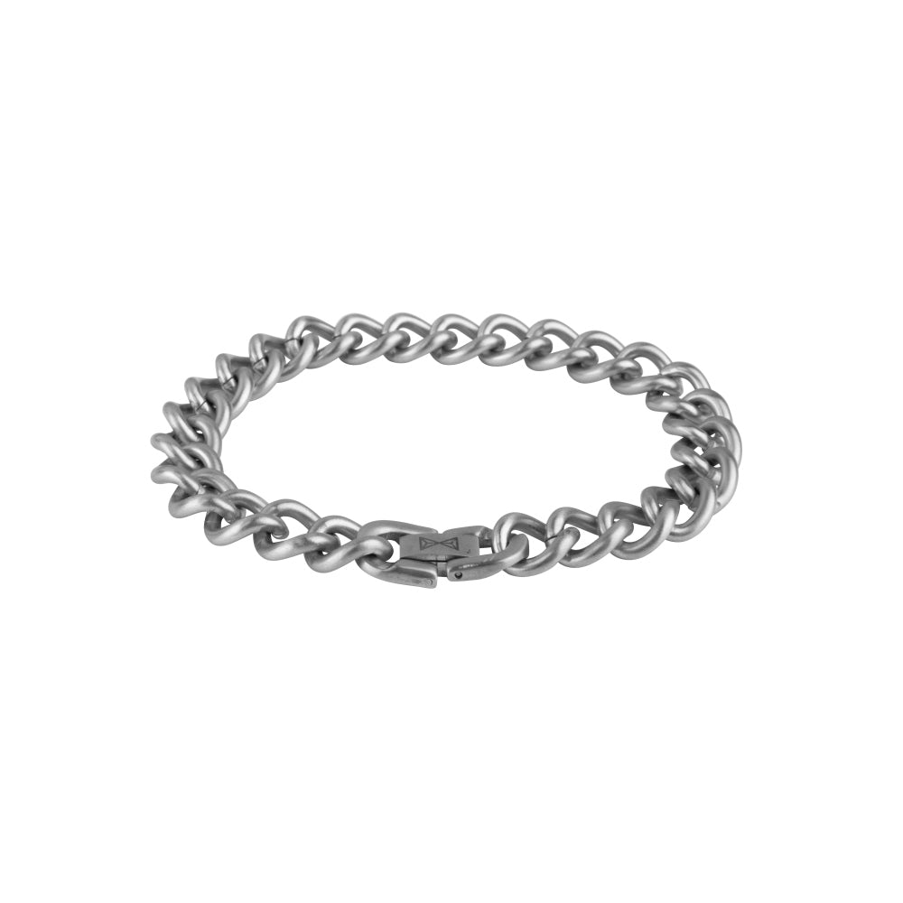 Bracciale in acciaio inox con maglie rolò lucide e chiusura a moschettone.