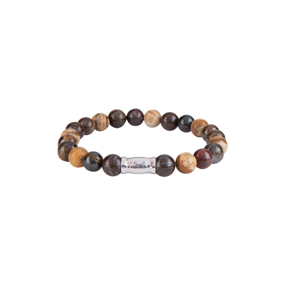 Bracciale da uomo con perle di 8 mm in pietre naturali marroni e nere, dettagli argentati.