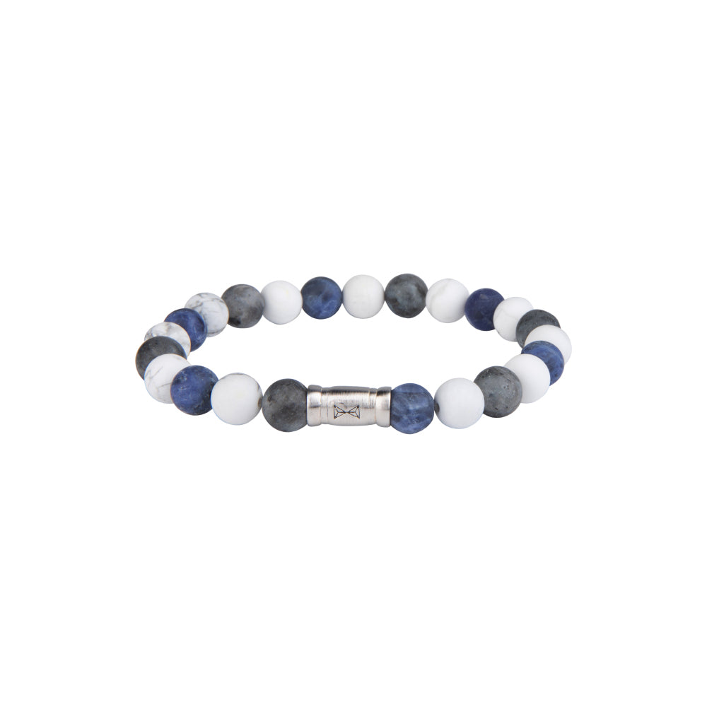 Bracciale di perline Matterhorn con perline di 8 mm in tonalità blu, grigio e bianco.