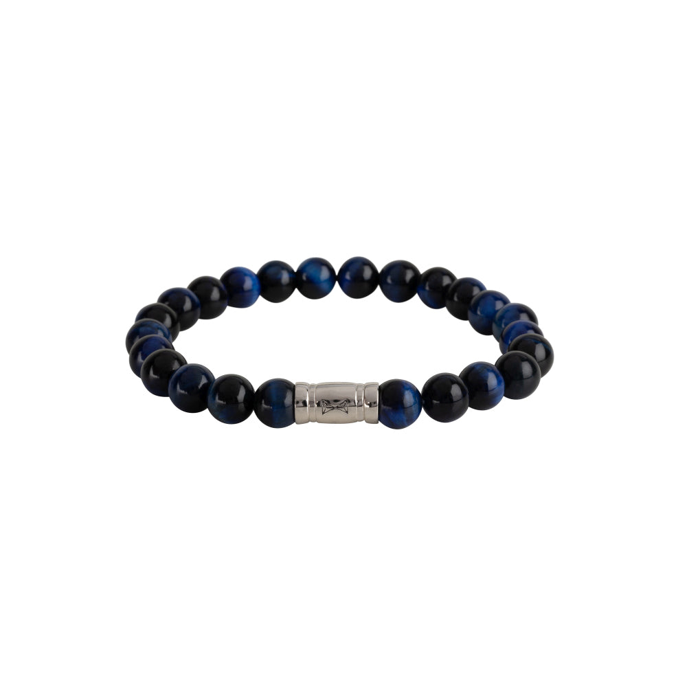 Bracciale da uomo con perle di 8 mm in pietra blu e nera, dettagli in metallo argentato.