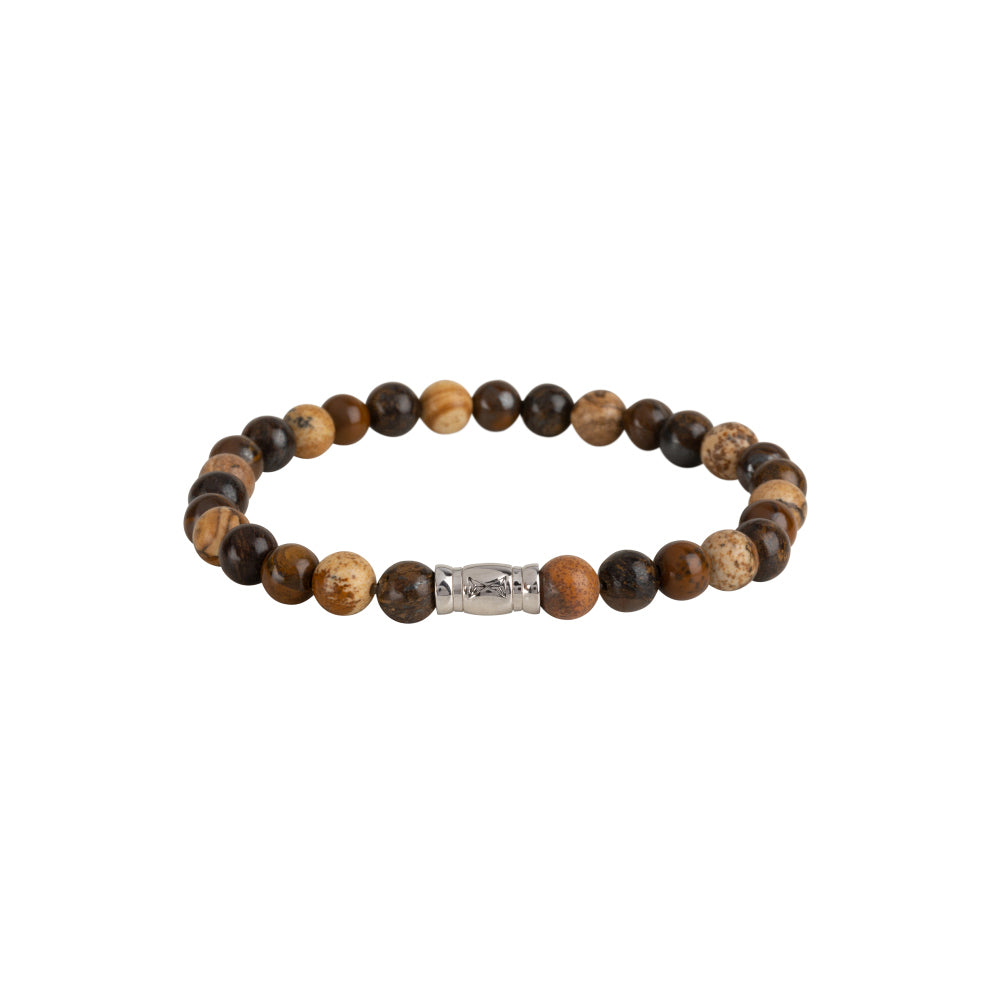 Bracciale di perle in pietra con perle di 6 mm e elemento centrale argentato.