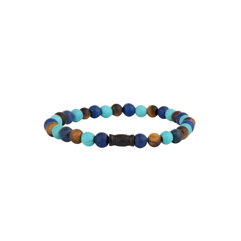 Bracciale da uomo con perline di 6 mm in toni blu, marroni e turchesi.