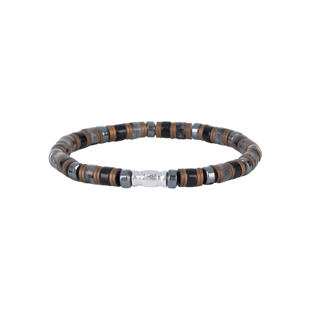 Bracciale da uomo in perline con dischi marroni e neri, dettagli argentati, 6 mm.