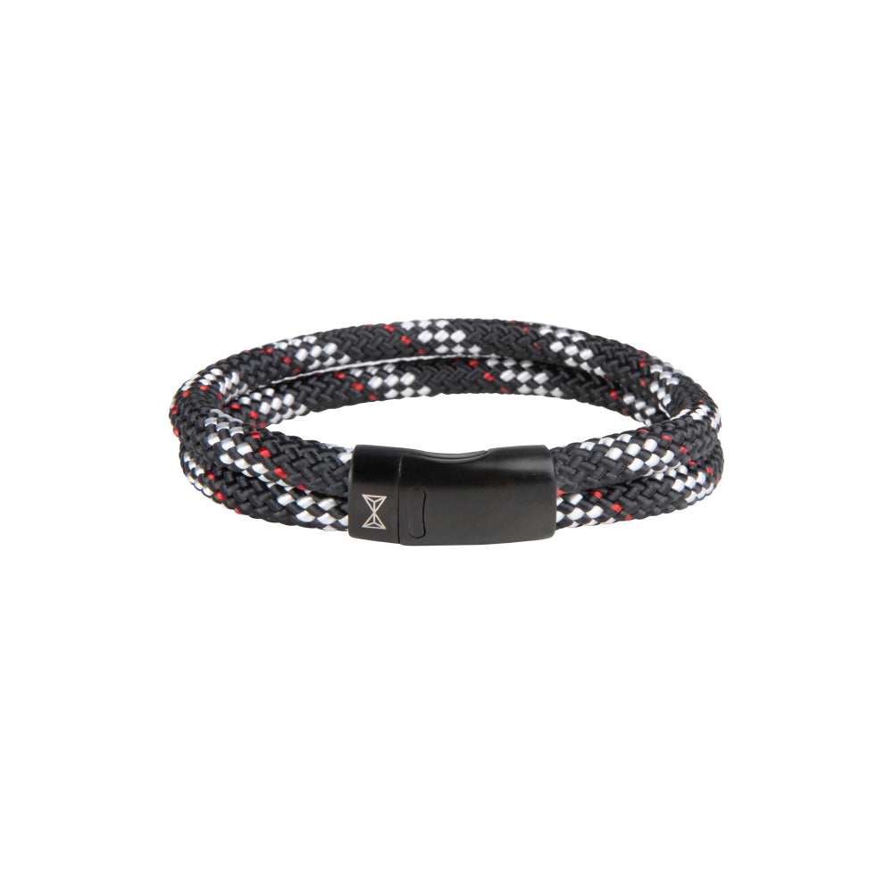Bracciale intrecciato in nylon nero con dettagli rossi e bianchi, chiusura in metallo.