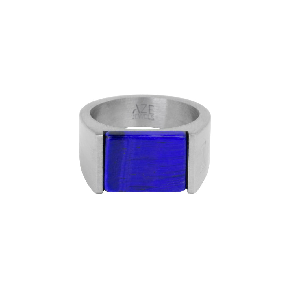 Anello con sigillo in acciaio inox con pietra lapislazzuli blu.
