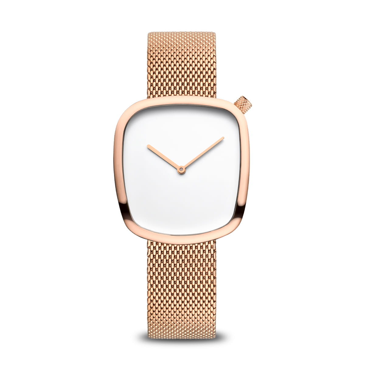 Orologio con cassa quadrata, cinturino in maglia rolò rosa e quadrante bianco.