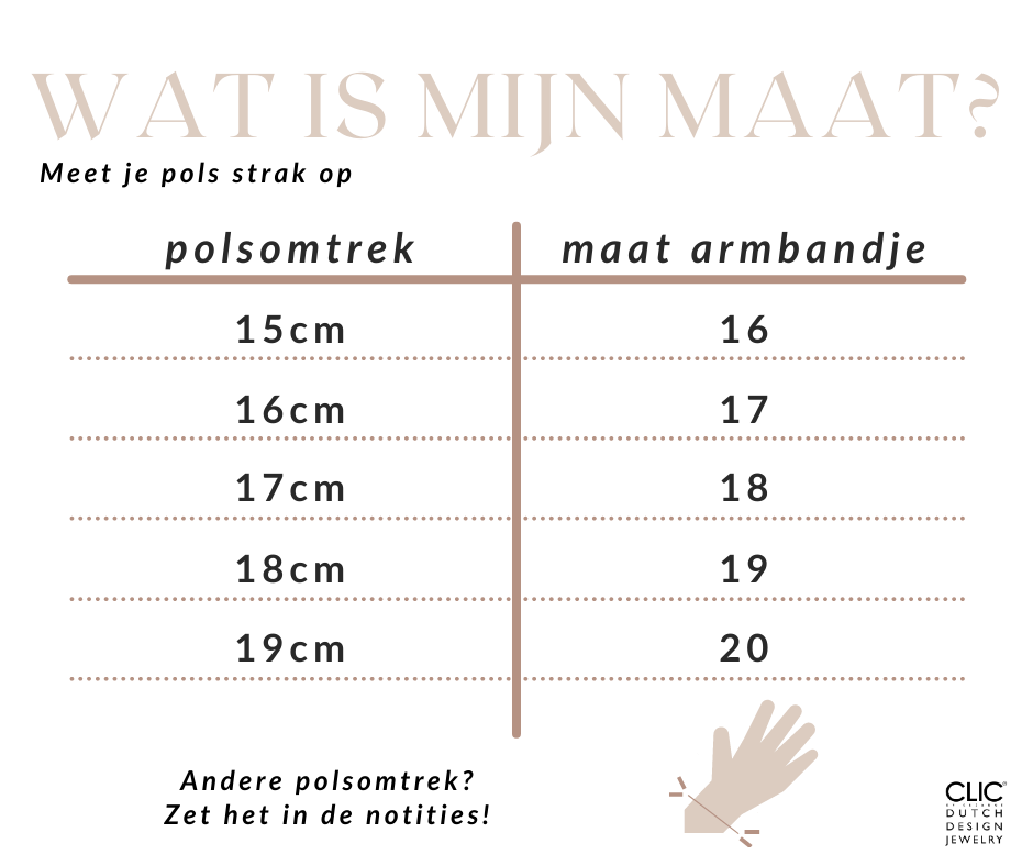 Een grafiek met de titel WAT IS MIJN MAAT? toont armbandmaten op basis van de polsomtrek: 15 cm - maat 16, 16 cm - maat 17, 17 cm - maat 18, 18 cm - maat 19 en 19 cm - maat 20. Het bevat een tekening van een hand en toont de Armband Vier bogen Zwart A32Z van CLIC Creations met een magnetische sluiting.