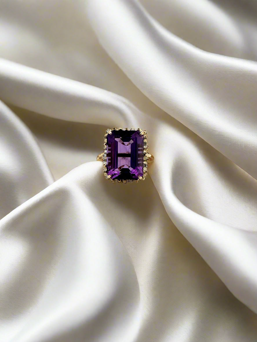 anello vintage in oro con ametista e diamante 14k 10.7gr