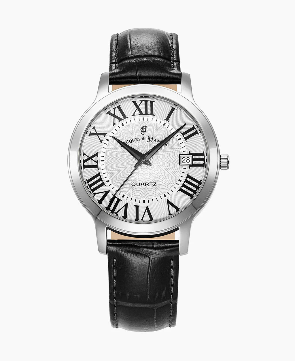 Orologio da uomo con quadrante argentato, numeri romani neri e cinturino in pelle nera.