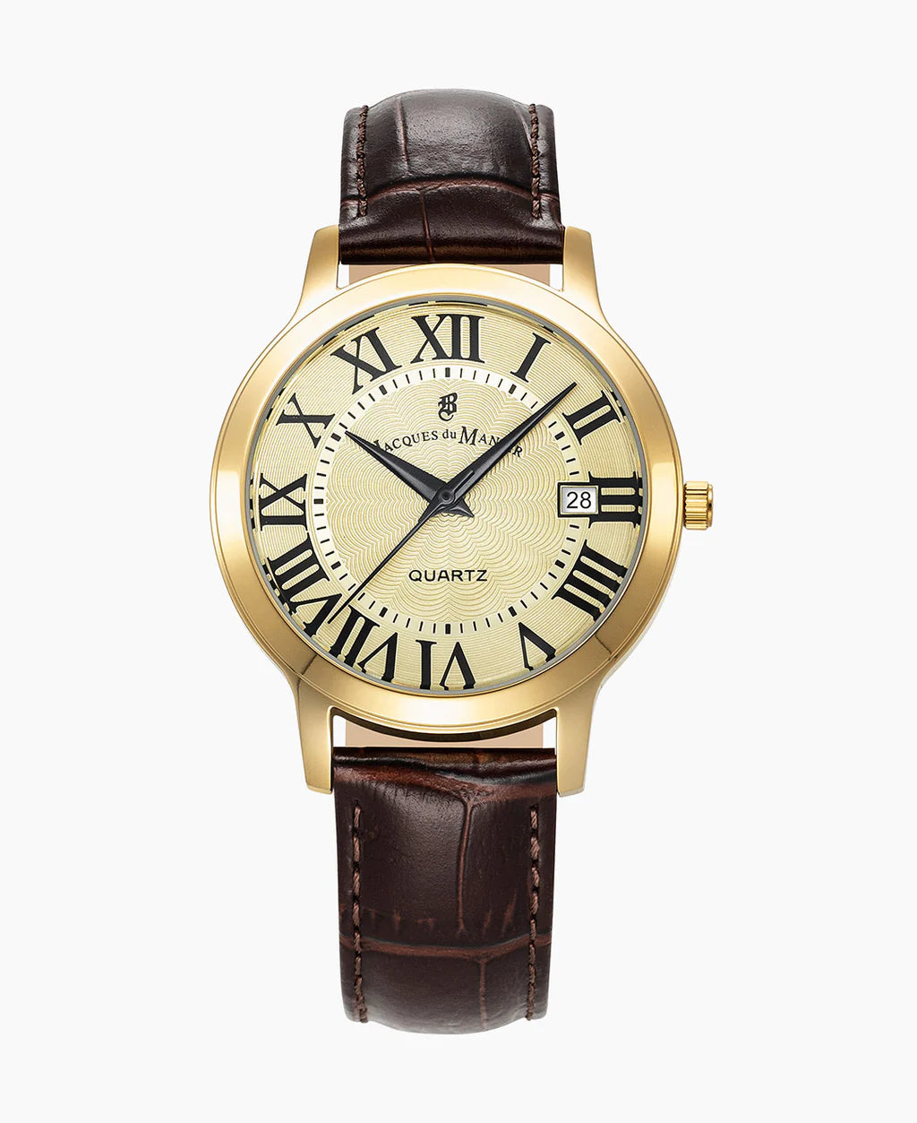 Orologio da uomo con cassa dorata, quadrante beige e cinturino in pelle marrone, numeri romani.