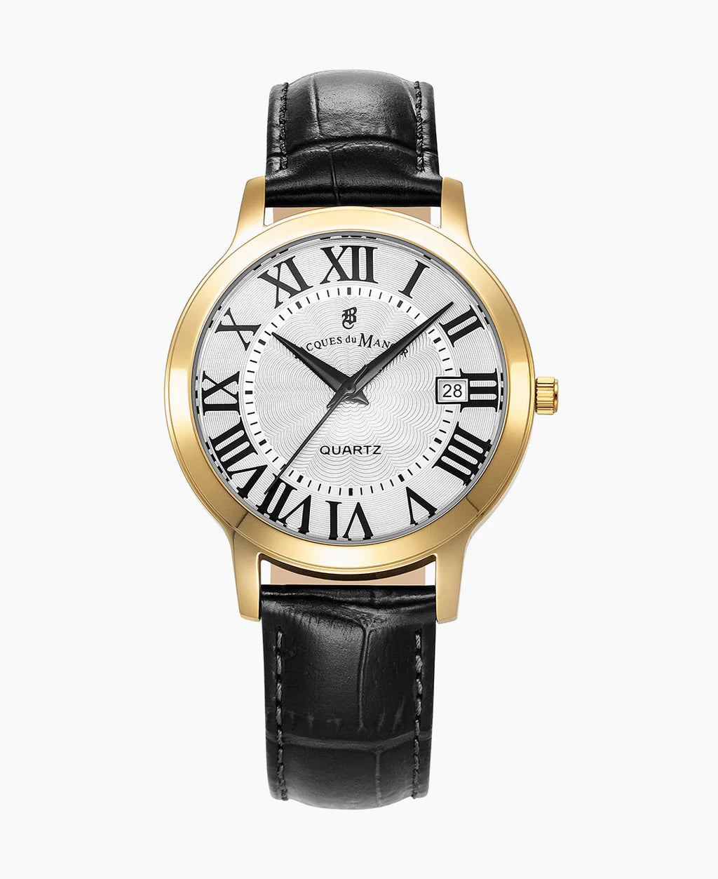 Orologio da uomo con cassa dorata, quadrante bianco e numeri romani, cinturino in pelle nera.