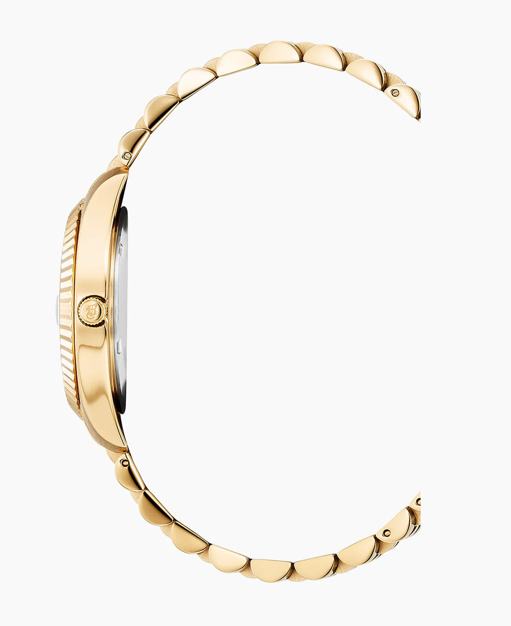 Zijaanzicht van de Jacques Du Manoir Inspiration 31mm dameshorloge met een geschulpte schakelarmband, open weergegeven in een bijna volledige cirkel tegen een witte achtergrond. Dit elegante goudkleurige horloge meet 31mm.