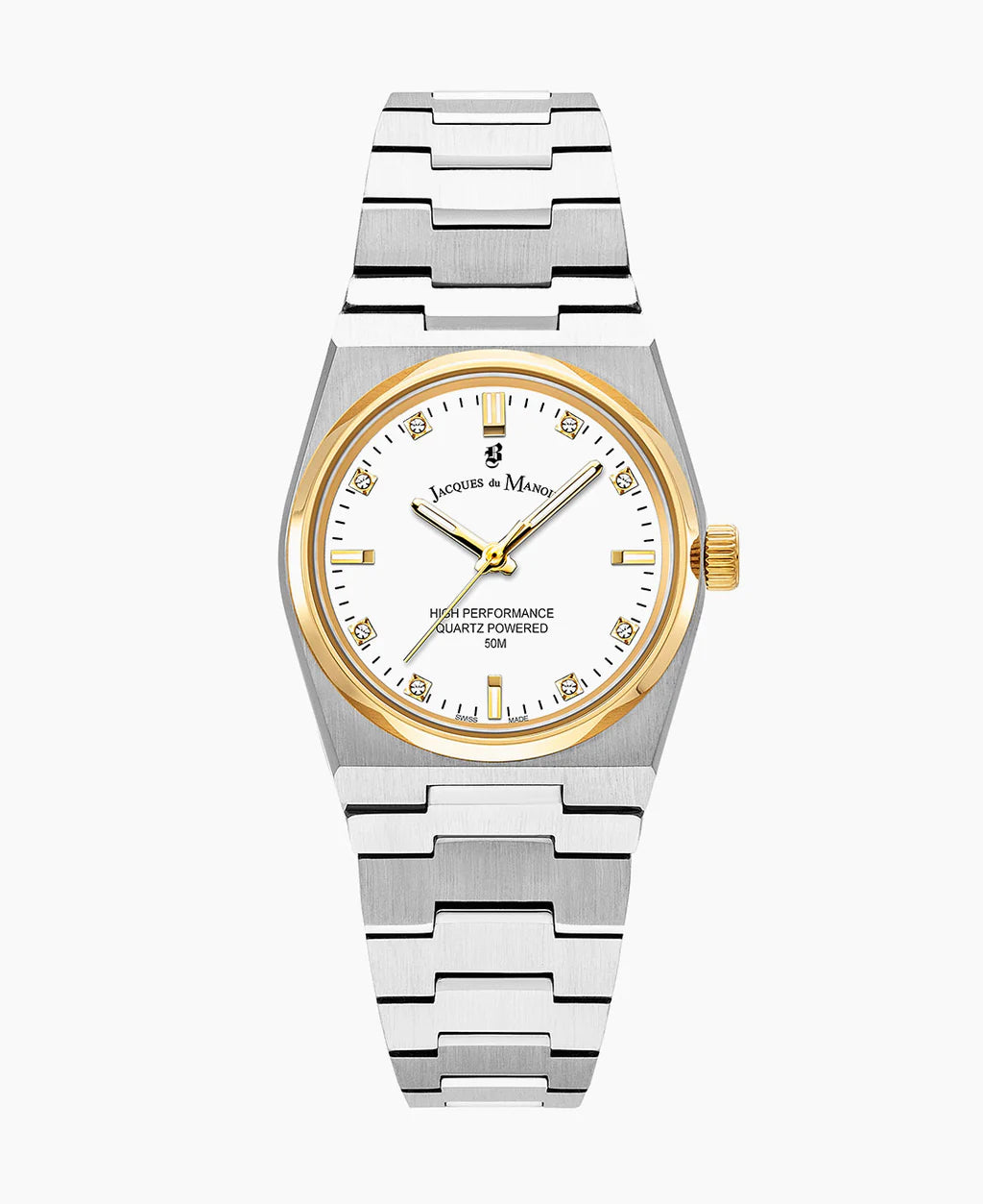 Orologio da donna con cassa in acciaio inox, quadrante bianco e dettagli dorati.