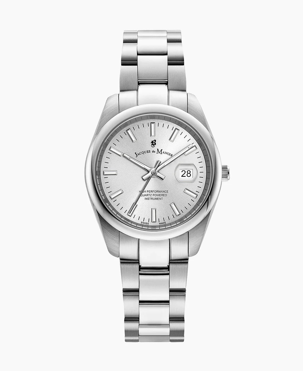 Orologio in acciaio inox con quadrante argentato e datario, cinturino a maglia rolò.