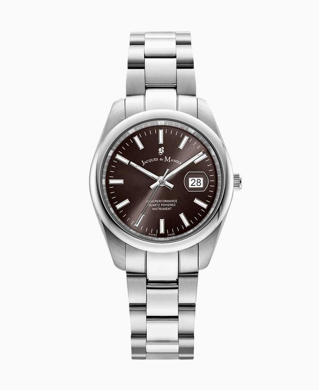 Orologio con cassa in acciaio inox, quadrante marrone e bracciale a maglia rolò.