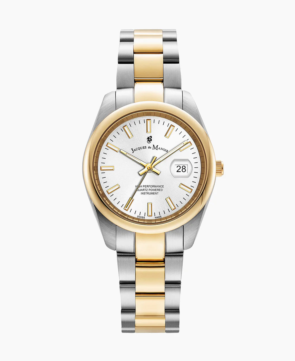 Orologio con cassa argentata e dorata, quadrante bianco e bracciale in acciaio bicolore.
