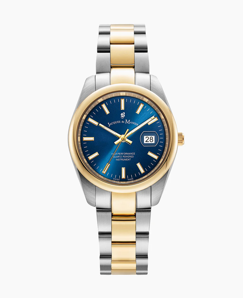 Orologio con cassa in acciaio e oro, quadrante blu, bracciale bicolore.