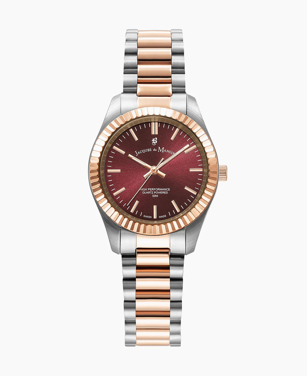 Orologio con cassa argentata e cinturino bicolore in acciaio, quadrante rosso e dettagli dorati.